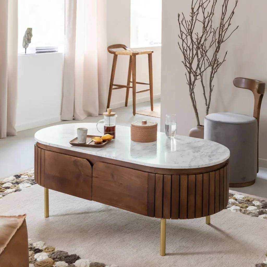 Table basse en bois de manguier et marbre Sienne