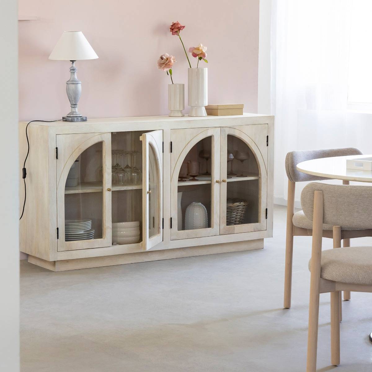 Buffet vitré en bois de manguier blanchi Miliam
