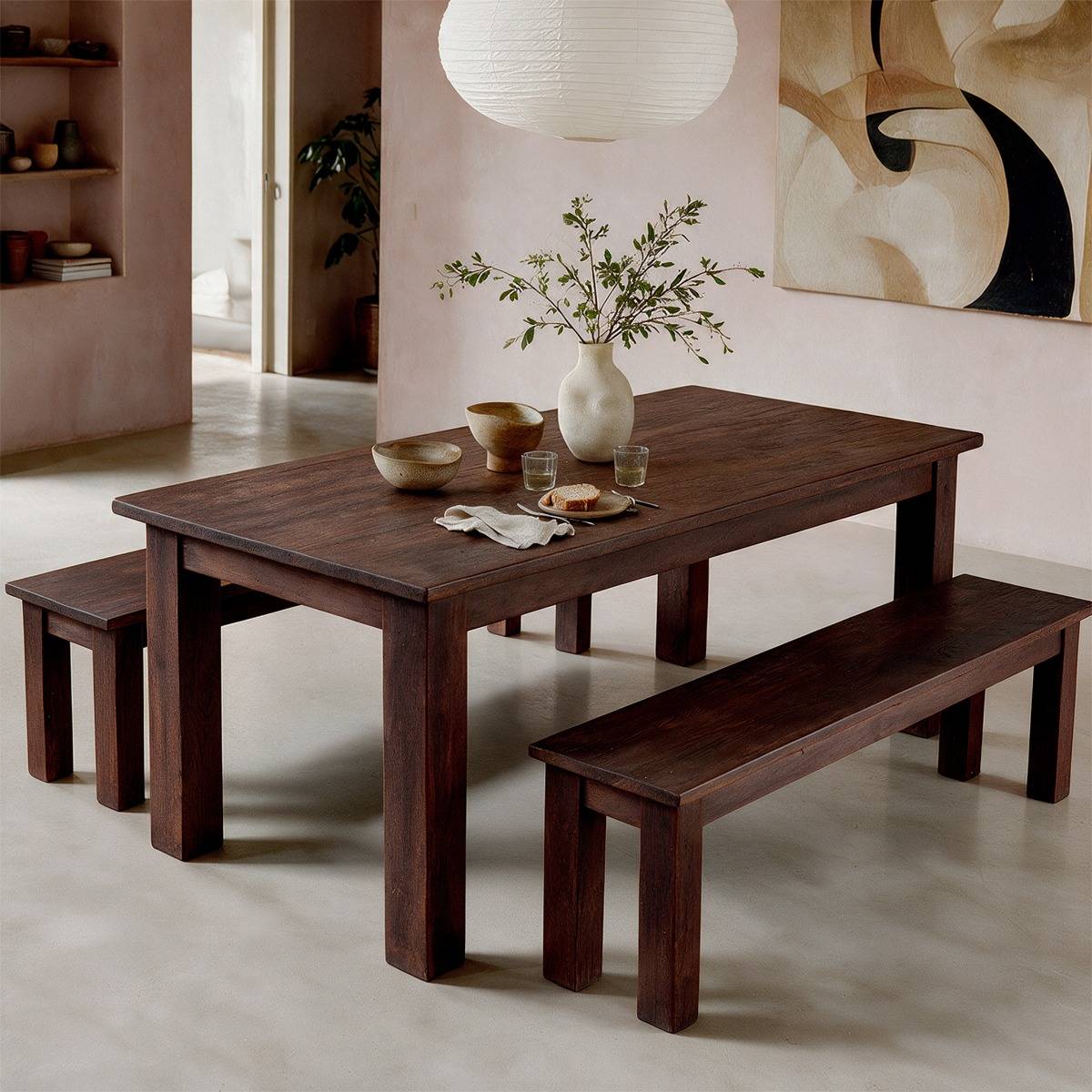 Table à manger + 2 bancs en bois recyclé Indra