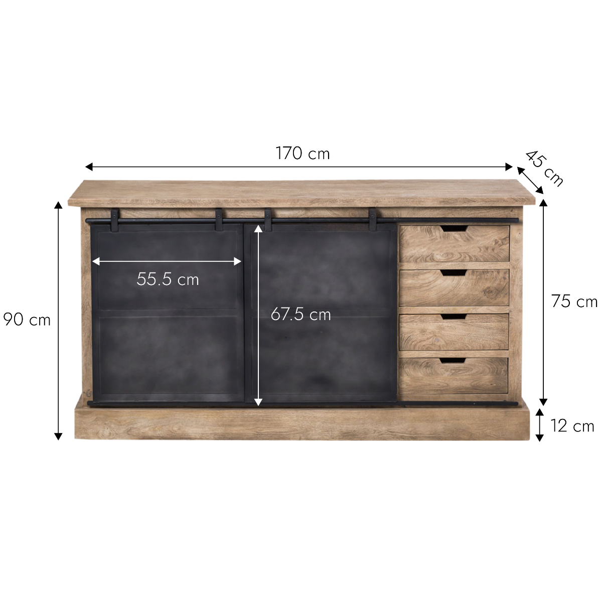 Buffet en bois de manguier brossé et métal gris foncé 4 tiroirs Helsinki