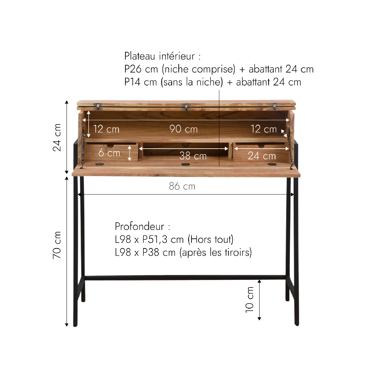 Bureau secrétaire en bois d'acacia et métal Milo