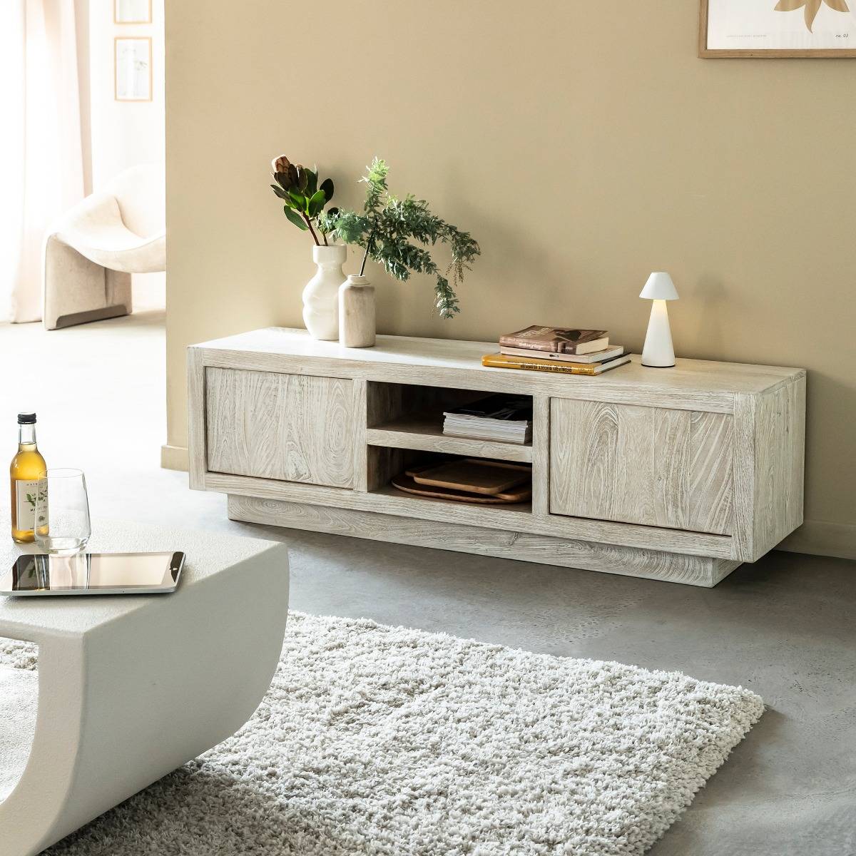 Meuble TV en bois de manguier blanchi Alison