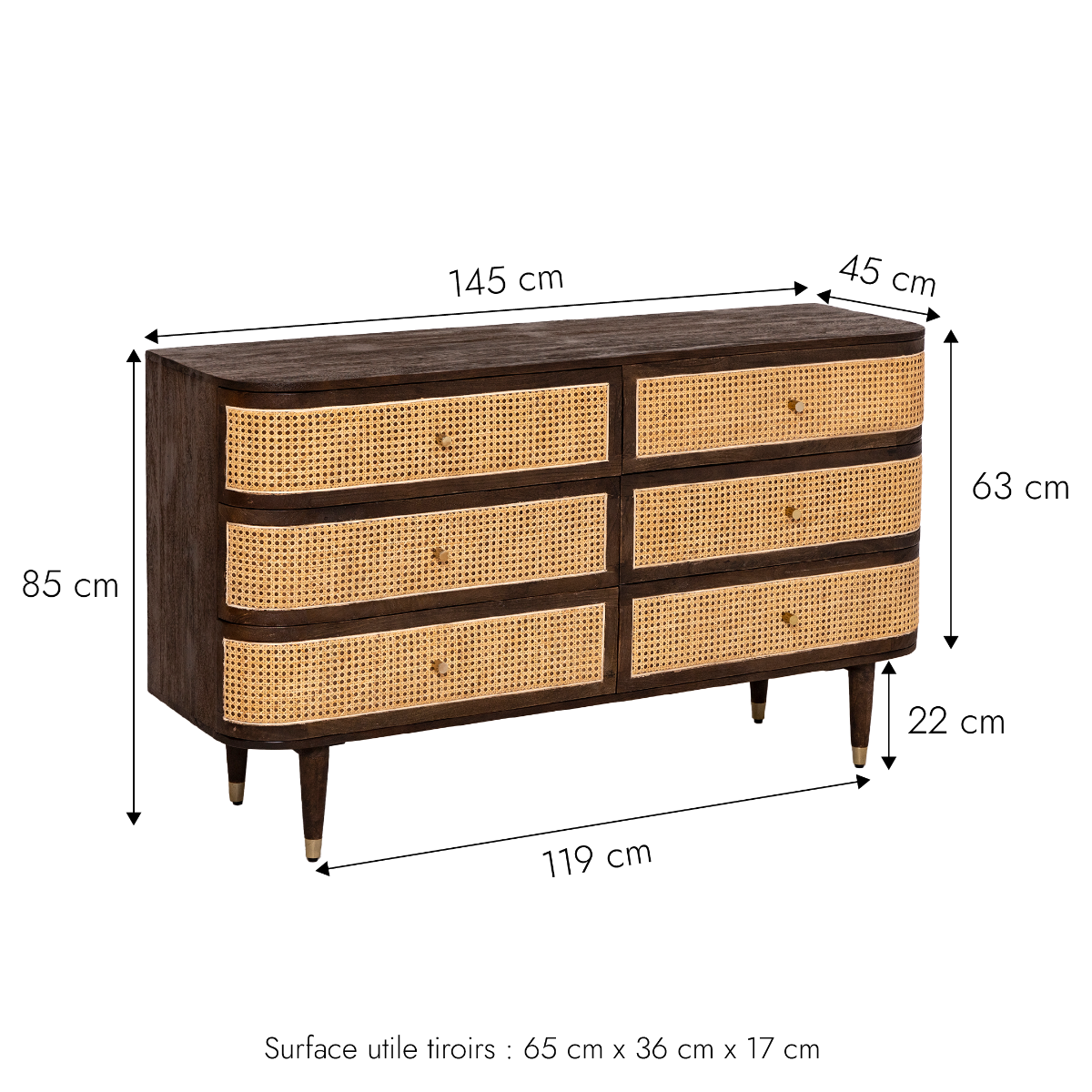 Commode 6 tiroirs en bois de manguier et cannage Soren