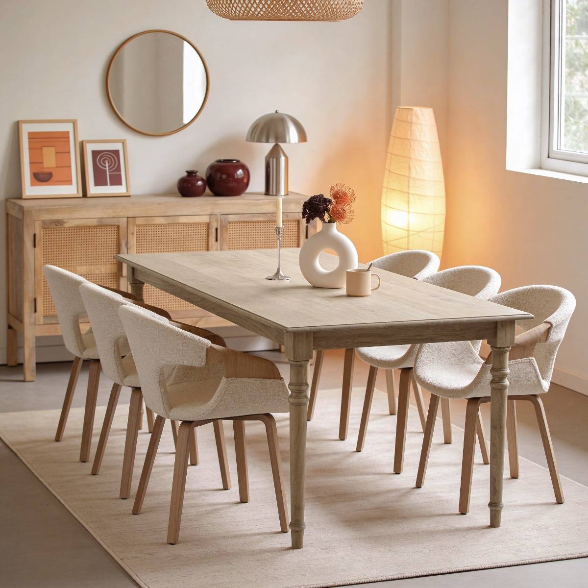 Chaise arrondie en bois de sapin et tissu écru Miriya (lot de 2)