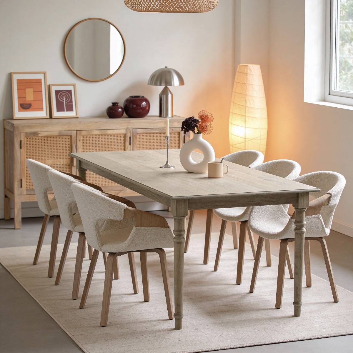 Chaise arrondie en bois de sapin et tissu écru Miriya (lot de 2)