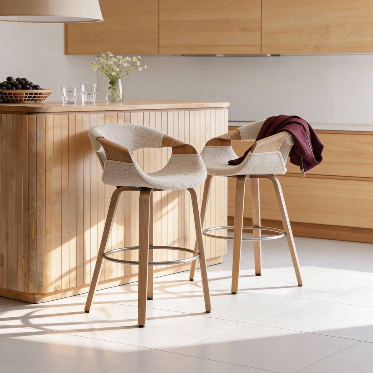 Tabouret de bar en bois de sapin et tissu écru Miriya (lot de 2)