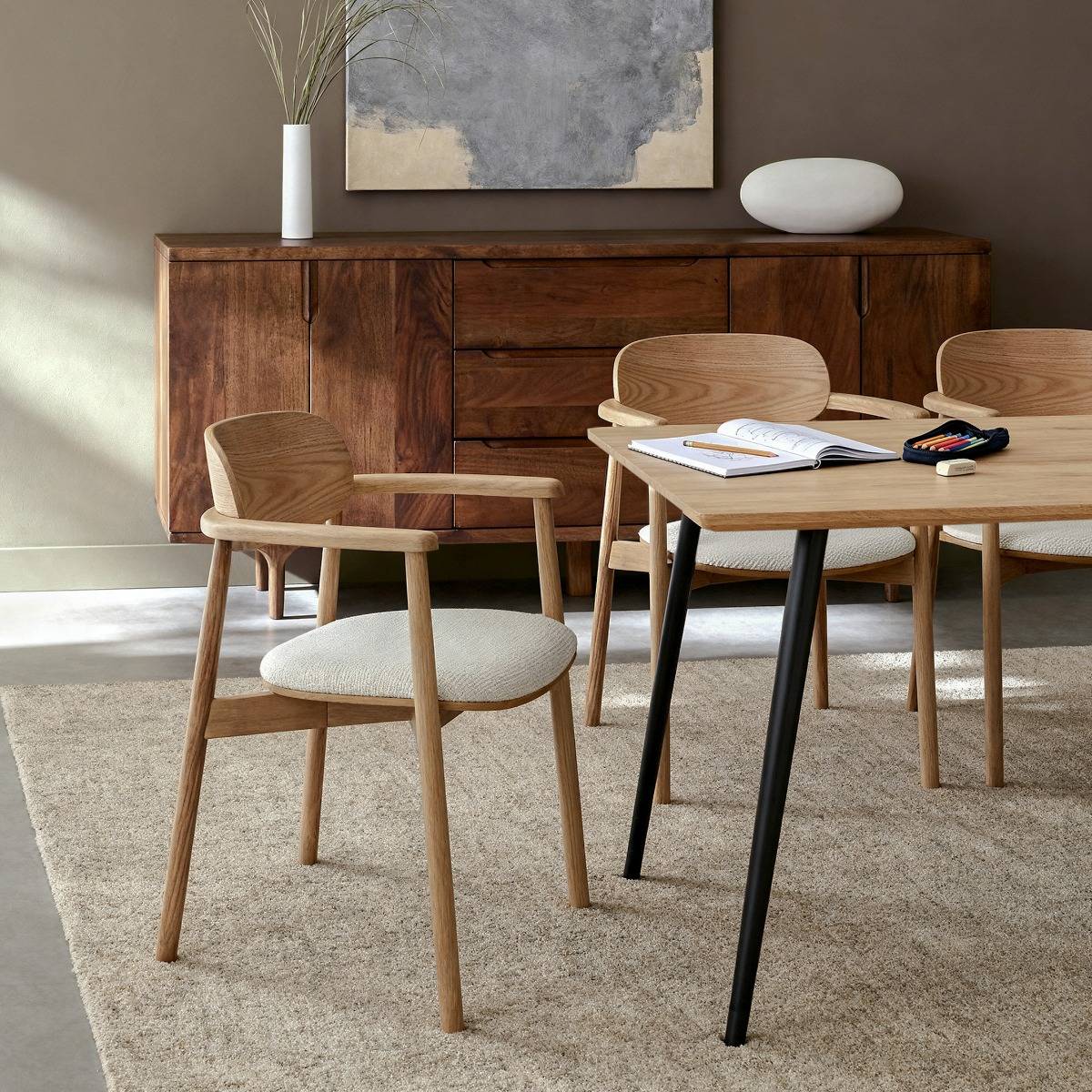 Chaise en bois de sapin et tissu écru Olia (lot de 2)