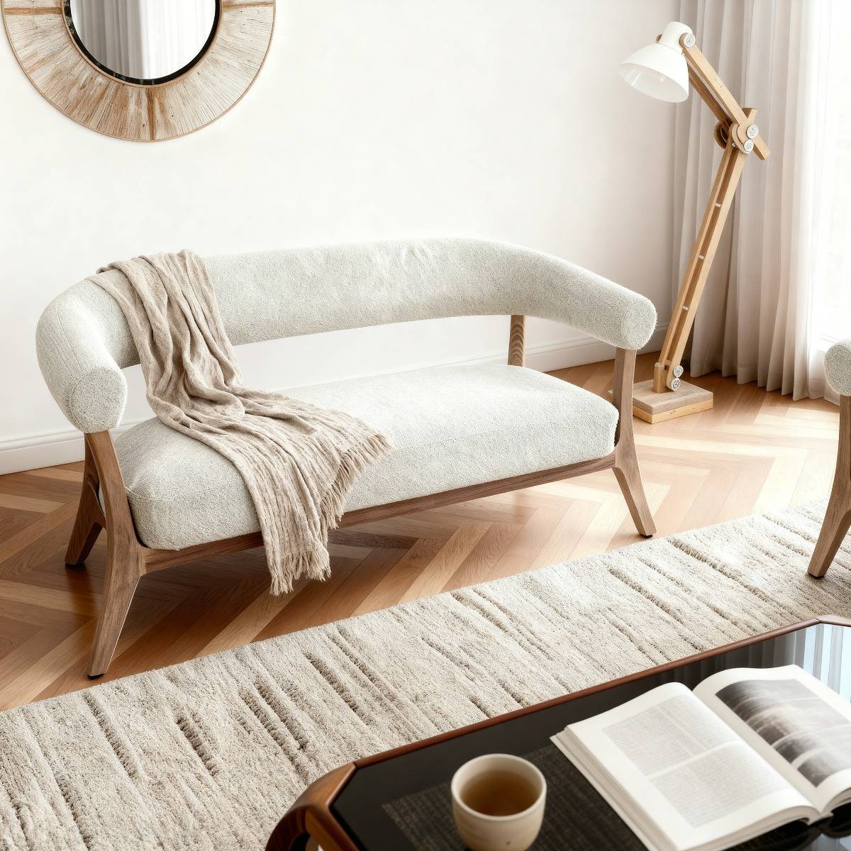 Canapé en bois et tissu écru Freya