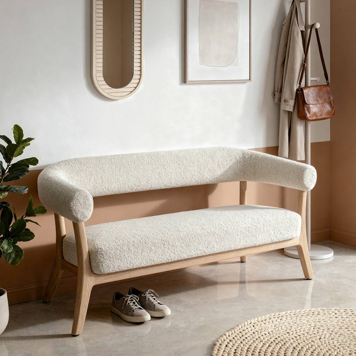 Banc d'entrée en bois et tissu écru Freya