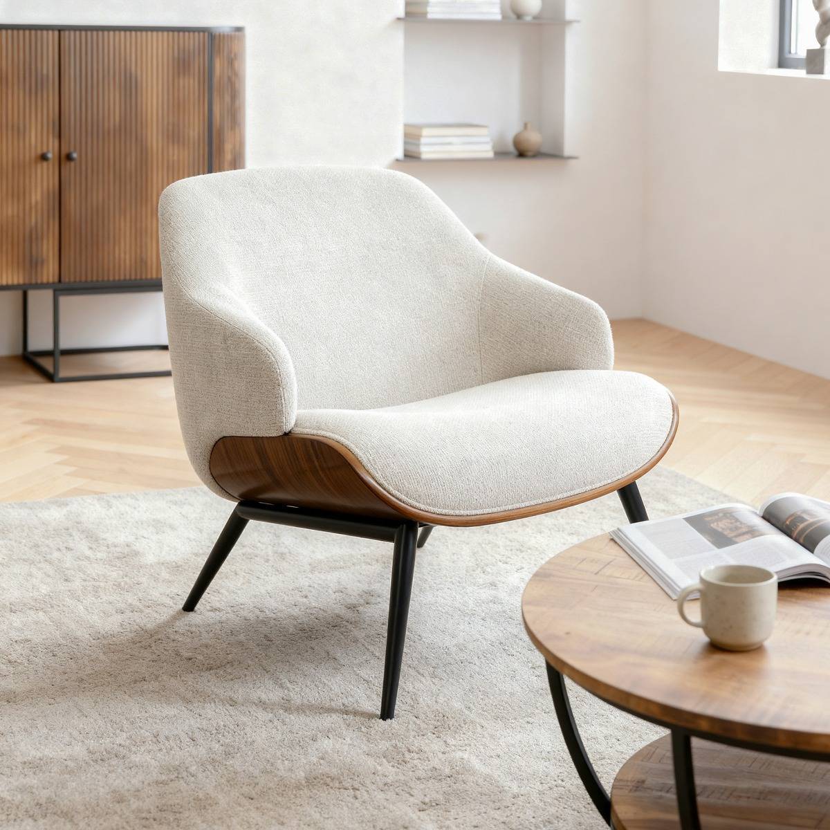 Fauteuil en bois et tissu écru Elowen