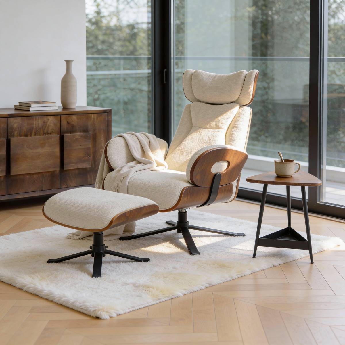 Fauteuil avec repose-pieds en tissu écru et bois foncé Elowen