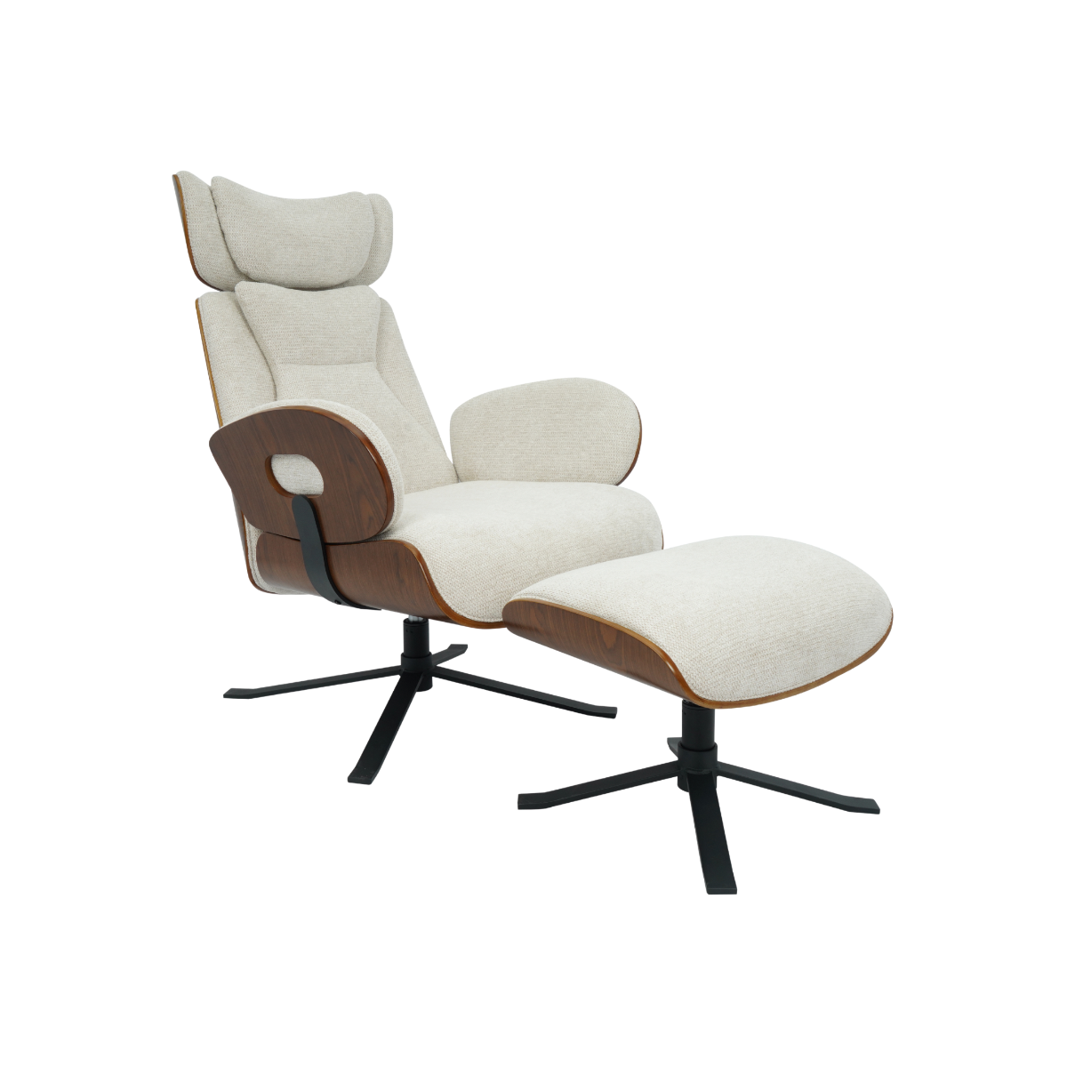 Fauteuil avec repose-pieds en tissu écru et bois foncé Elowen