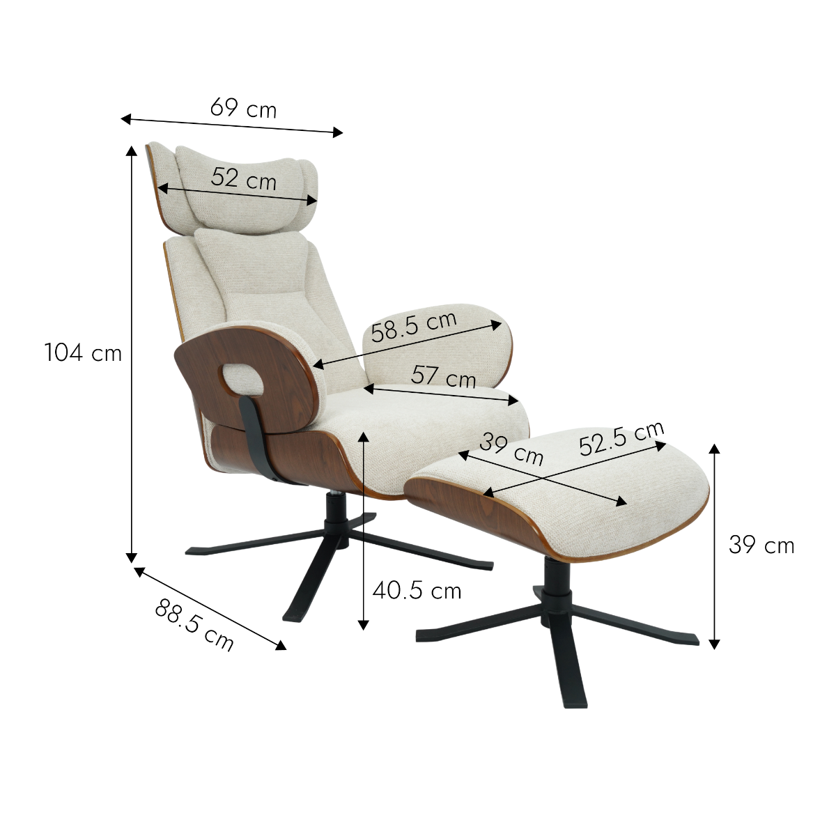 Fauteuil avec repose-pieds en tissu écru et bois foncé Elowen