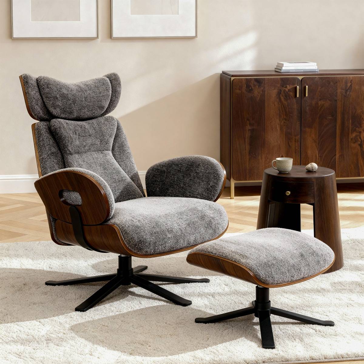 Fauteuil avec repose-pieds en tissu gris anthracite et bois foncé Elowen