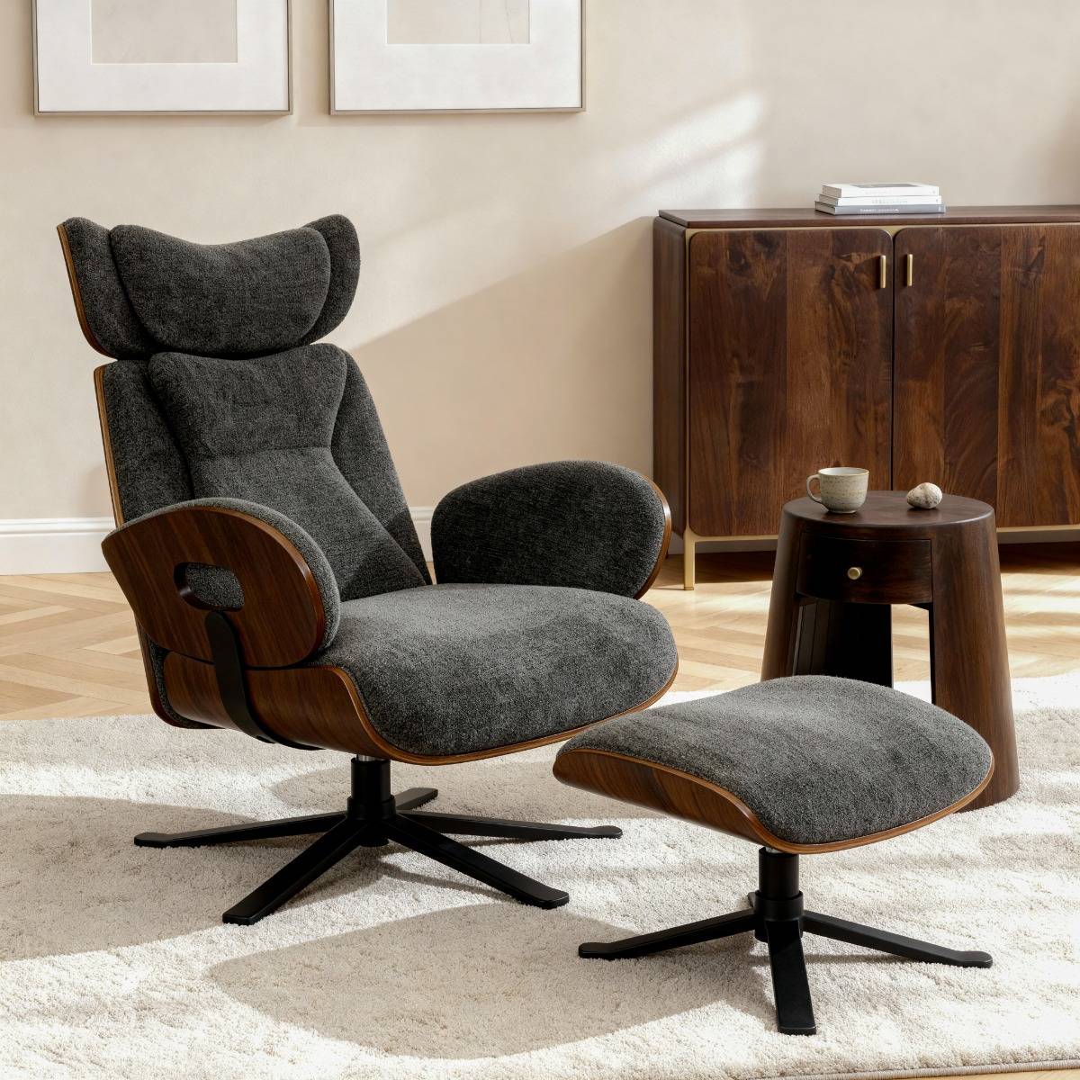 Fauteuil avec repose-pieds en tissu gris anthracite et bois foncé Elowen