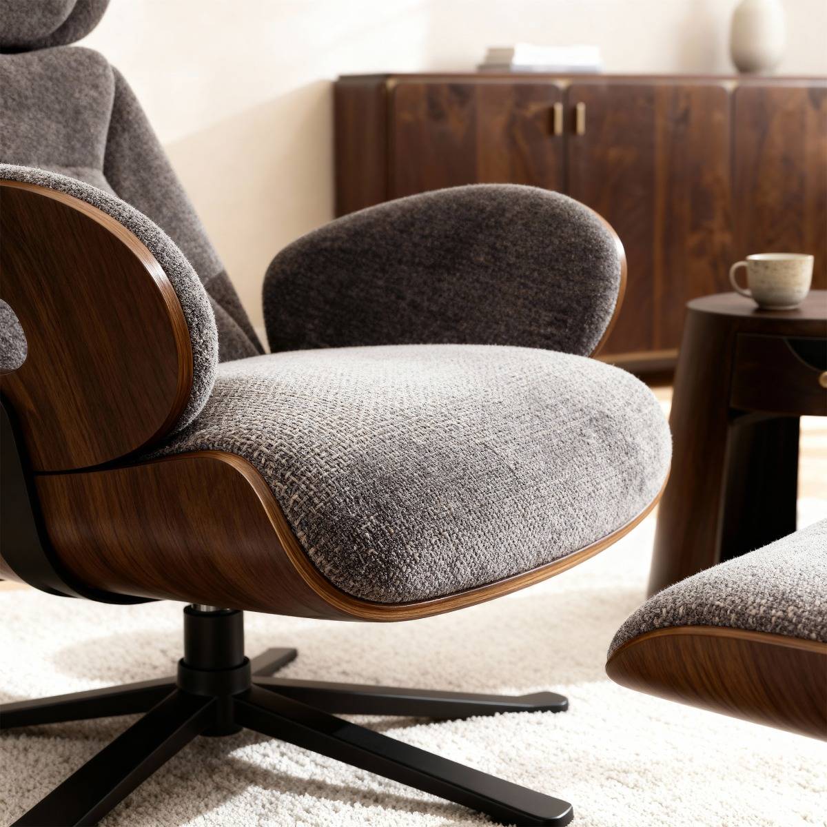 Fauteuil avec repose-pieds en tissu gris anthracite et bois foncé Elowen