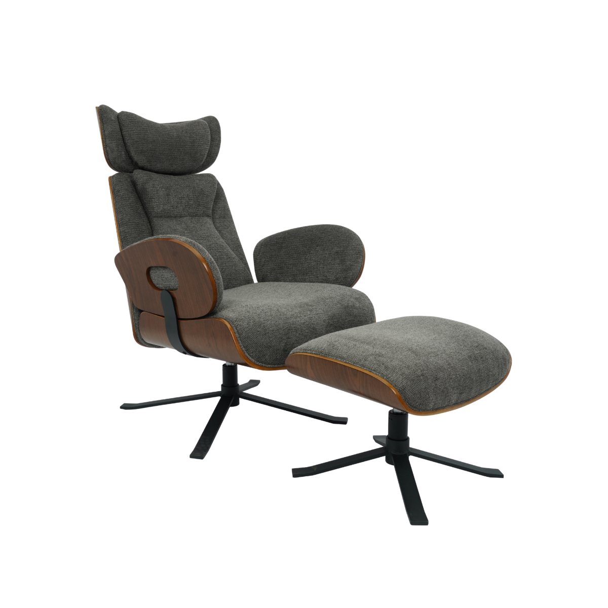 Fauteuil avec repose-pieds en tissu gris anthracite et bois foncé Elowen