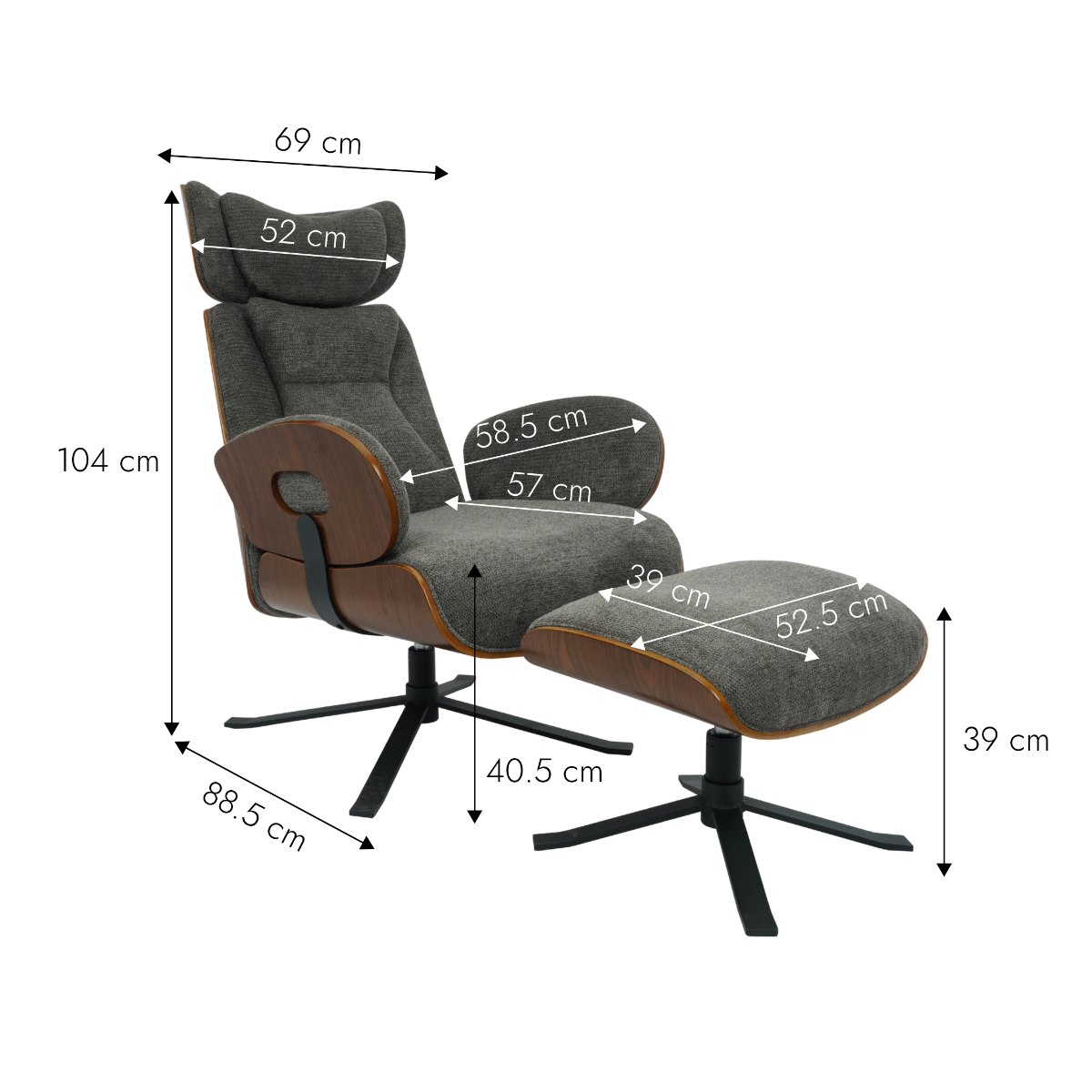 Fauteuil avec repose-pieds en tissu gris anthracite et bois foncé Elowen