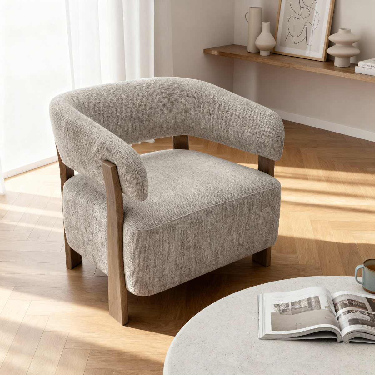 Fauteuil en tissu écru et bois de sapin Valena