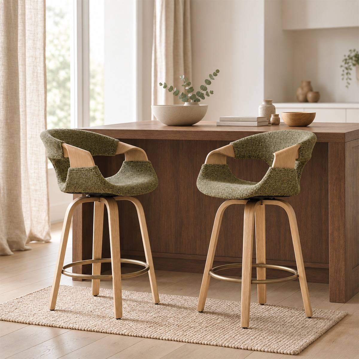 Tabouret de bar en bois de sapin et tissu vert Miriya (lot de 2)