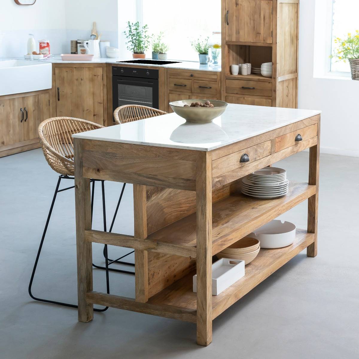 Ilot central en bois de manguier et marbre blanc Louisa