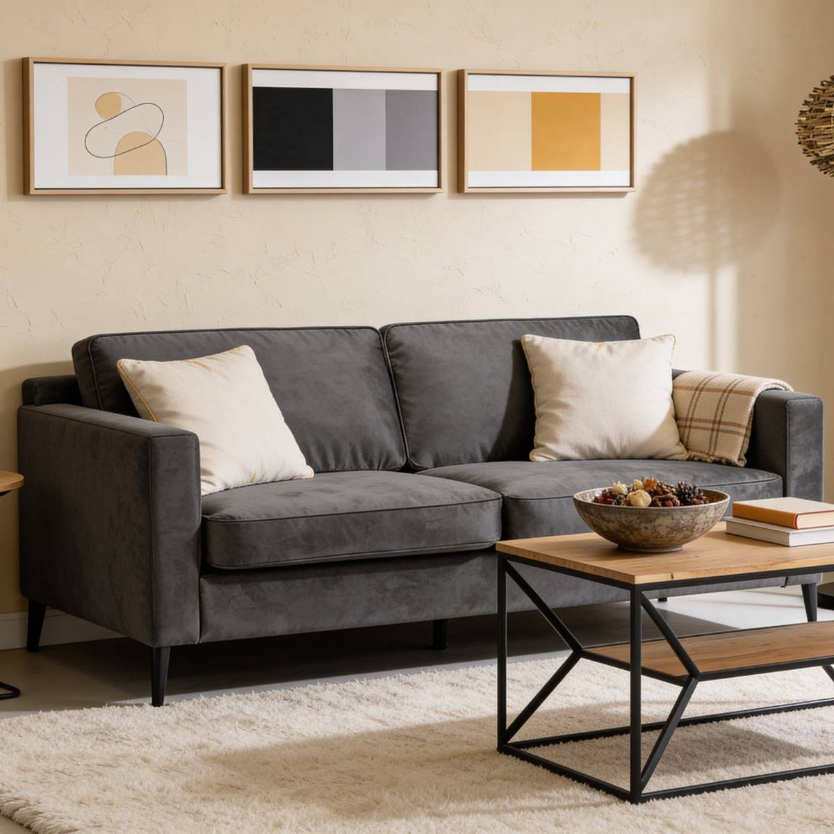 Canapé en velours gris 3 places Rio