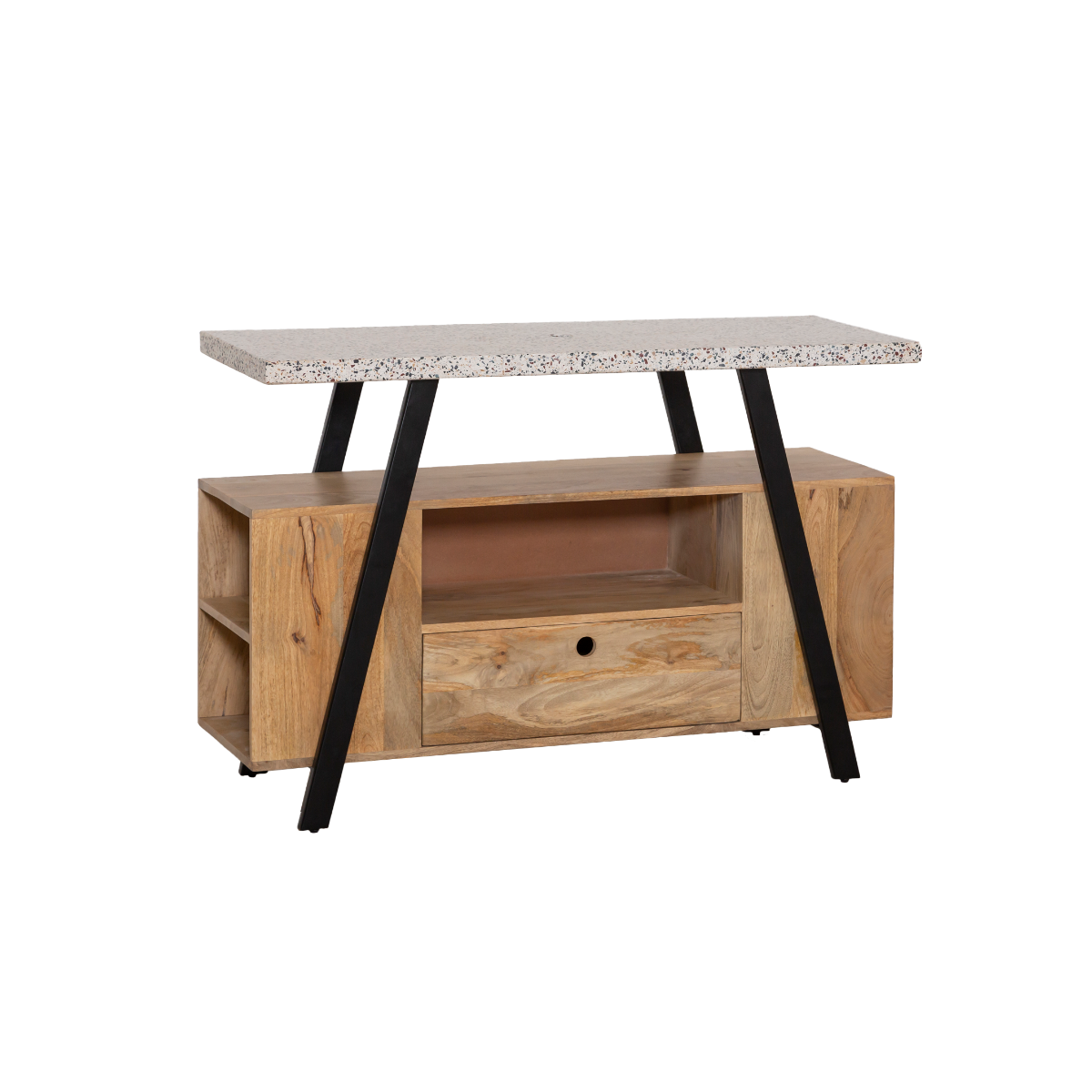 Meuble sous vasque en bois de manguier, métal et terrazzo Sandro