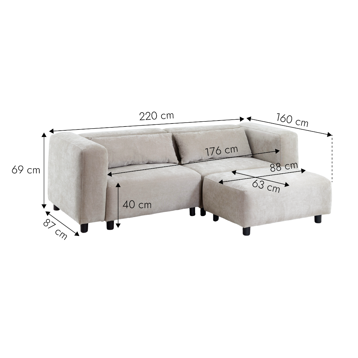 Canapé d'angle beige en tissu Caroline