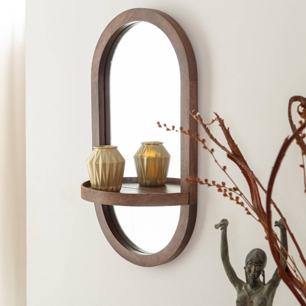 Miroir ovale avec étagère en bois de manguier Marley