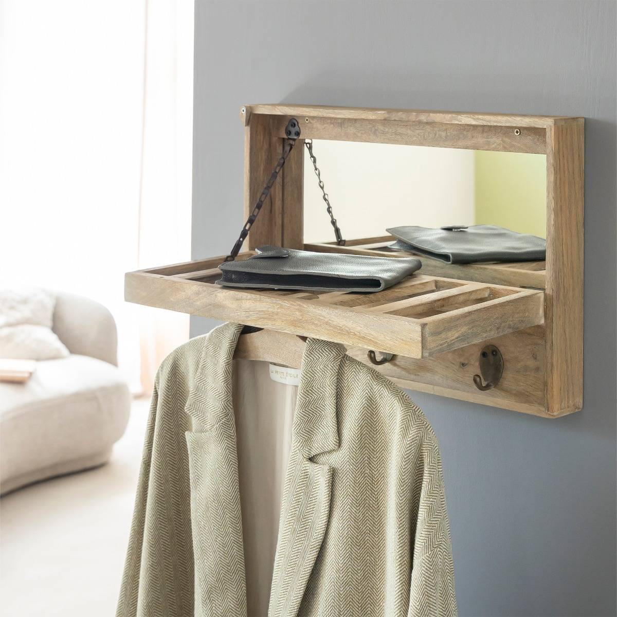 Porte-manteau en bois de manguier avec miroir Marley