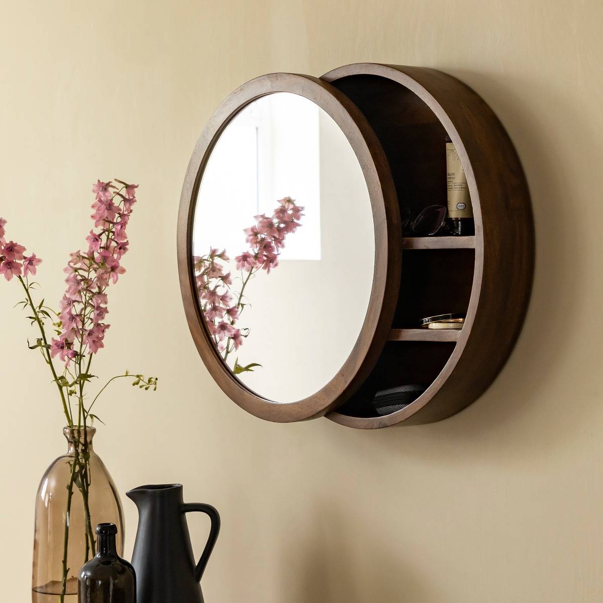 Miroir avec étagères en bois de manguier foncé Remick
