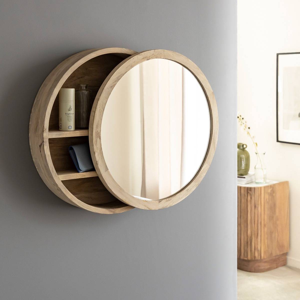 Miroir avec étagères en bois de manguier clair Juliet