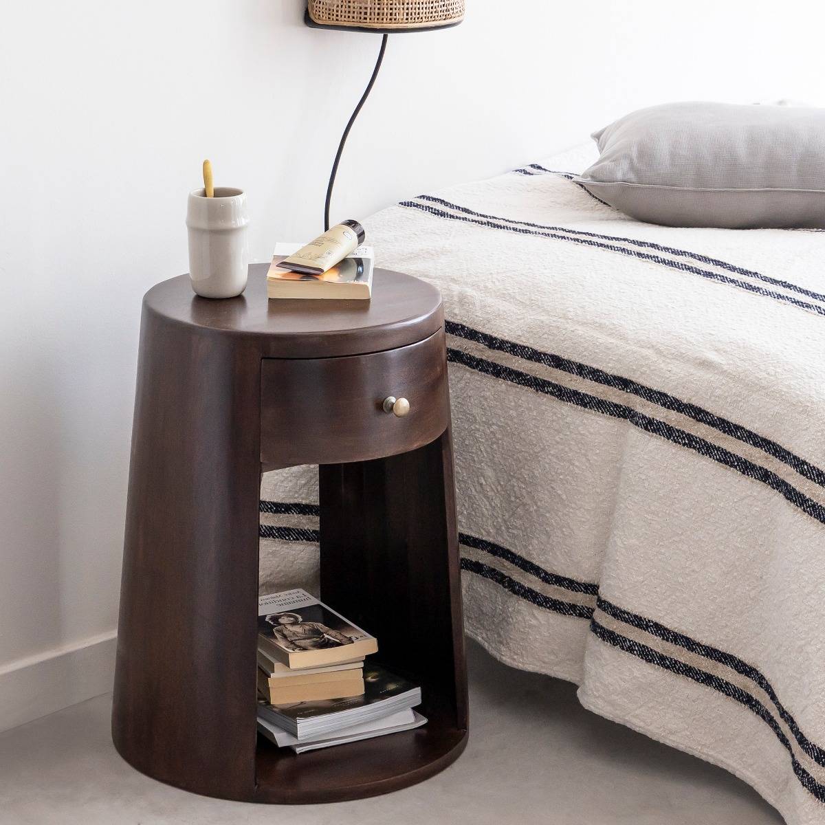 Table De Chevet Ronde Design Scandinave – étagère De Rangement – Bois Et Acier – Marron Clair – Facile à Monter – Pour Chambre, Salon