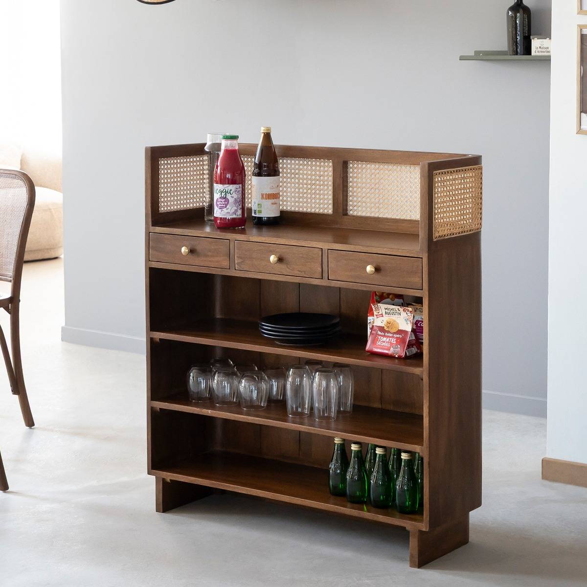 Bar en bois de manguier et cannage Remick