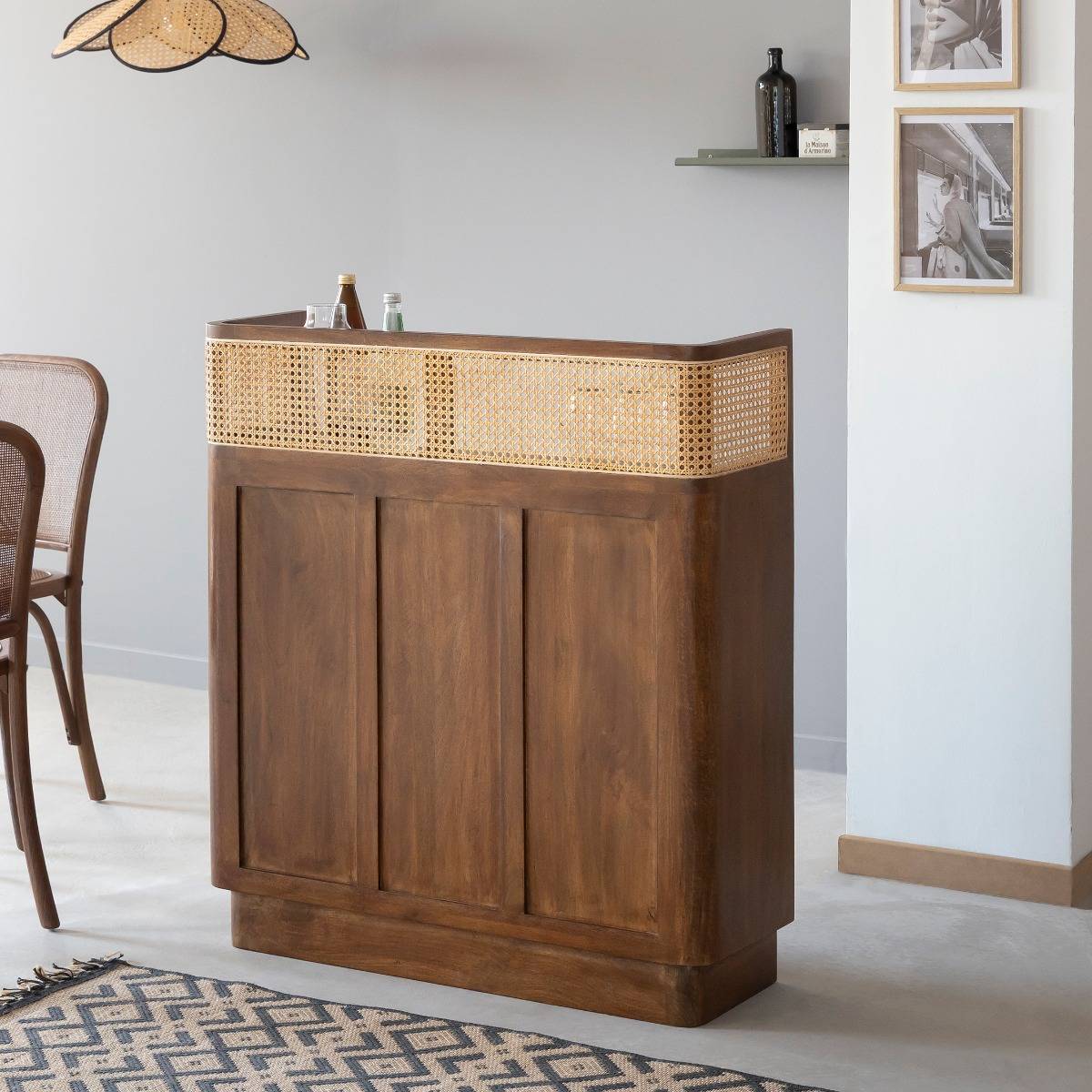 Bar en bois de manguier et cannage Remick