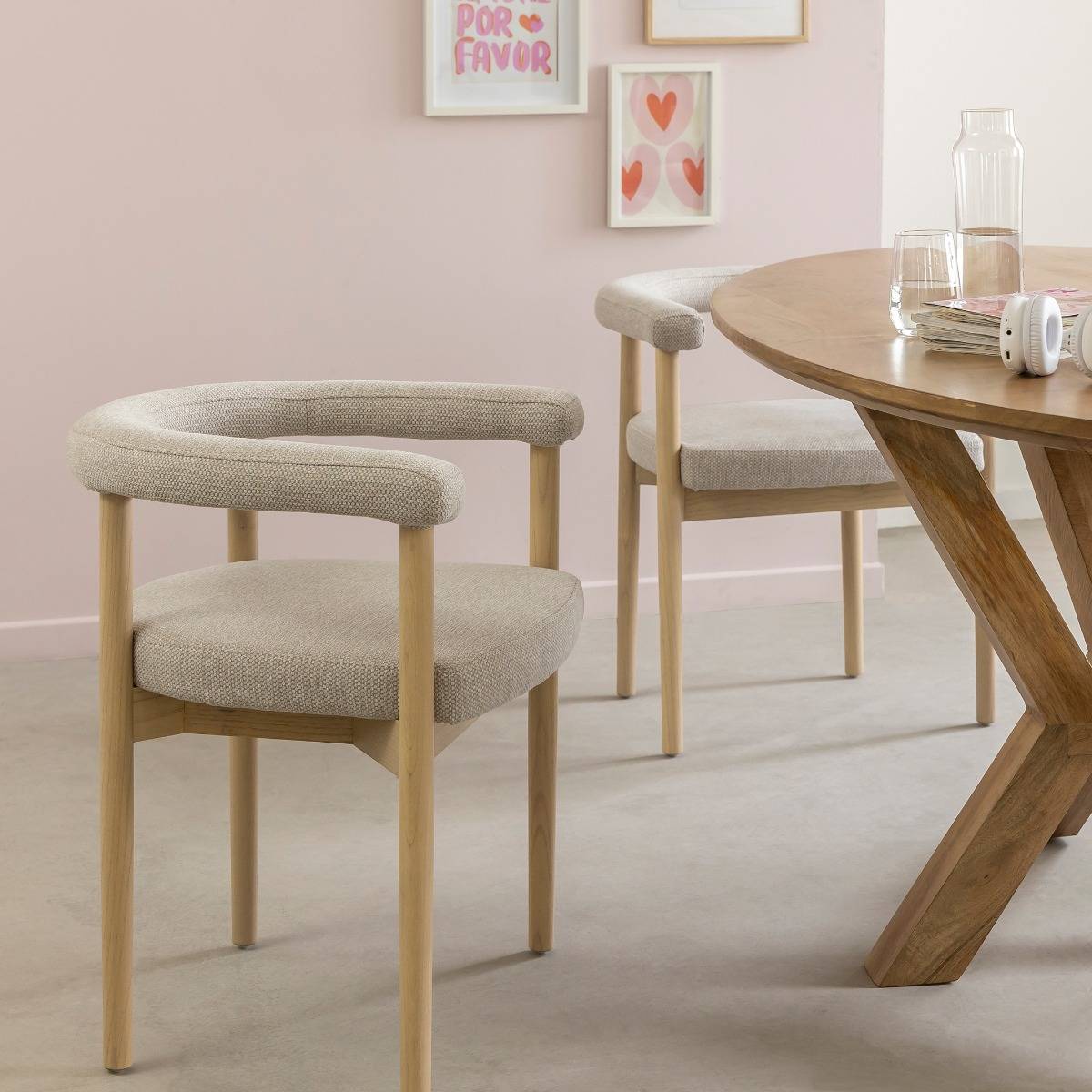 Chaise en bois d'orme et tissu gris Aline (lot de 2)