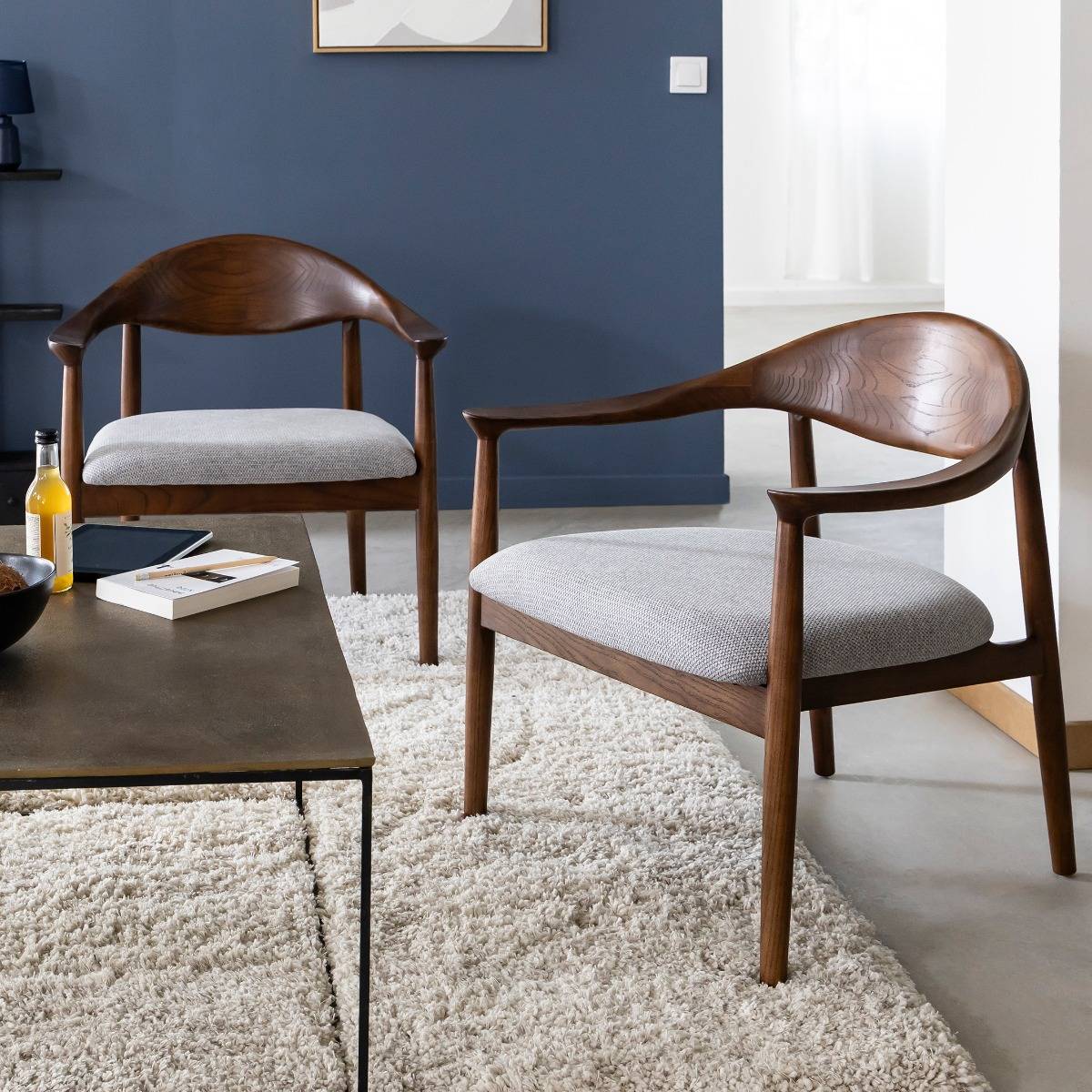 Fauteuil en bois d'orme et tissu gris Orphée