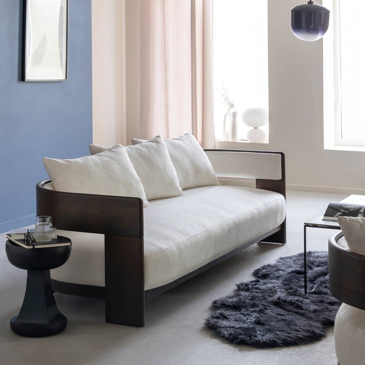 Canapé 3 places en bois d'orme et tissu écru Yséon