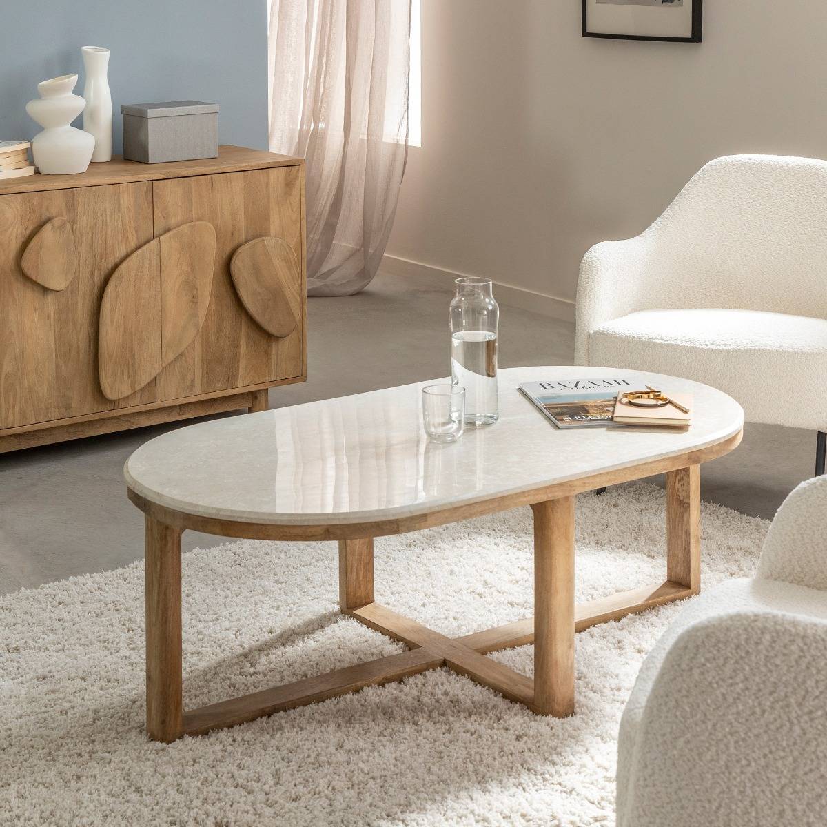 Table basse en bois de manguier et marbre Moana