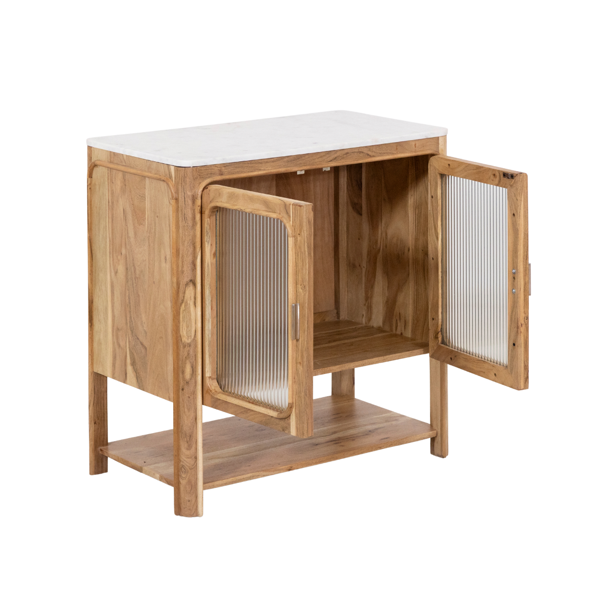 Meuble sous vasque vitré en bois d'acacia et marbre Emyr