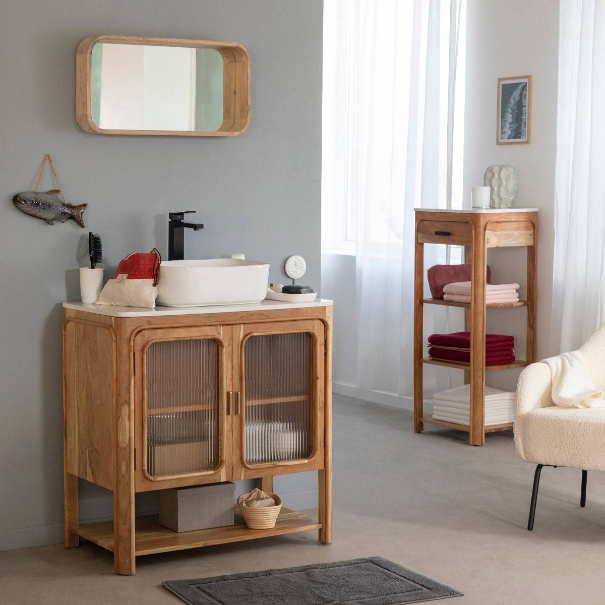 Meuble sous vasque vitré en bois d'acacia et marbre Emyr