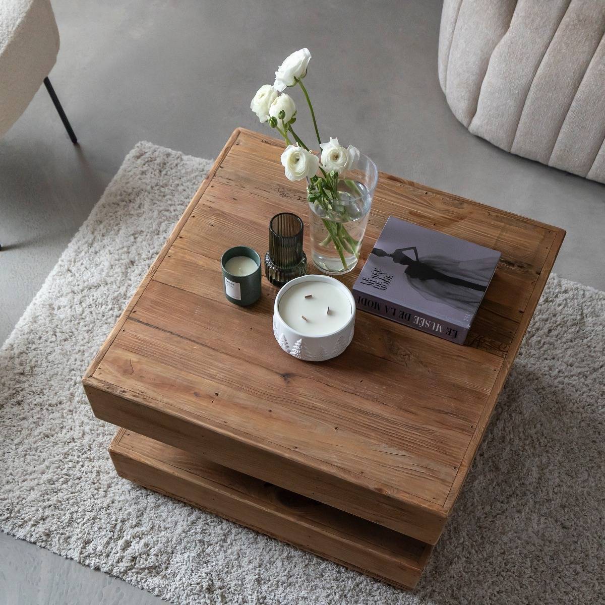 Table basse carrée à double plateau en bois recyclé Blaise