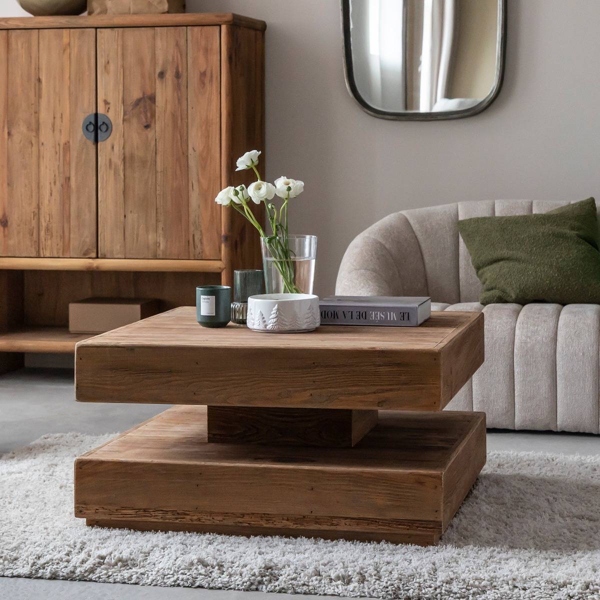 Table basse carrée à double plateau en bois recyclé Blaise