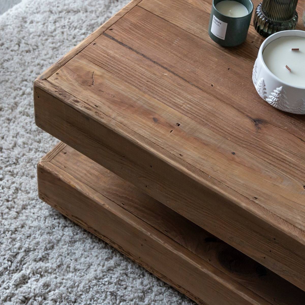 Table basse carrée à double plateau en bois recyclé Blaise