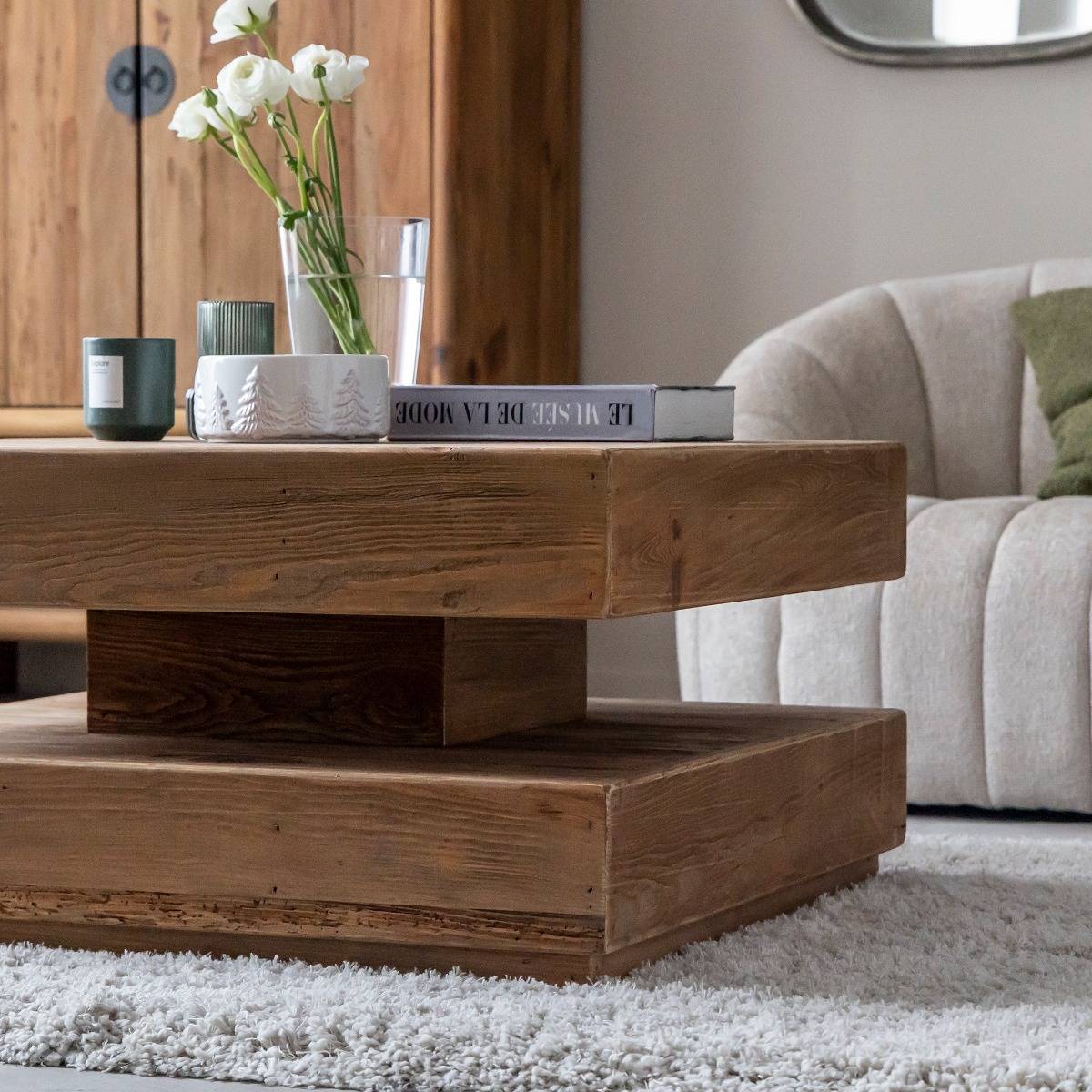 Table basse carrée à double plateau en bois recyclé Blaise