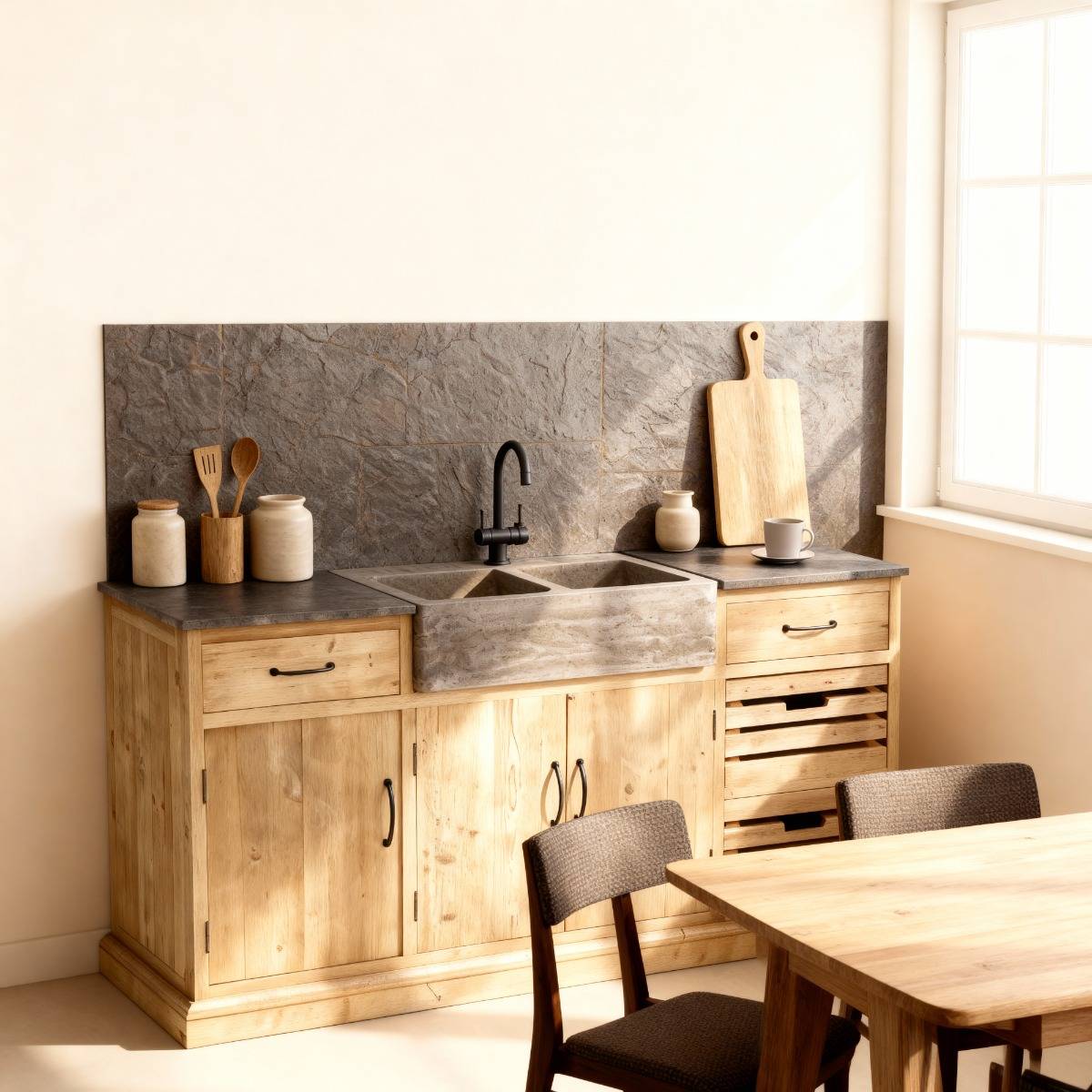 Meuble bas de cuisine en bois recyclé et pierre bleue Romain