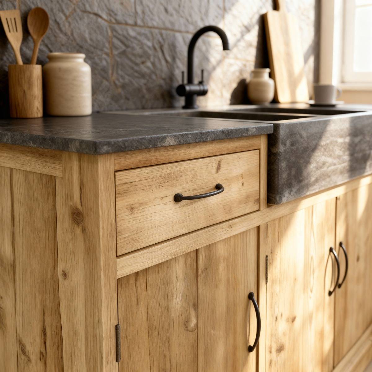 Meuble bas de cuisine en bois recyclé et pierre bleue Romain