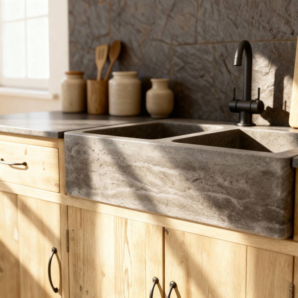 Meuble bas de cuisine en bois recyclé et pierre bleue Romain