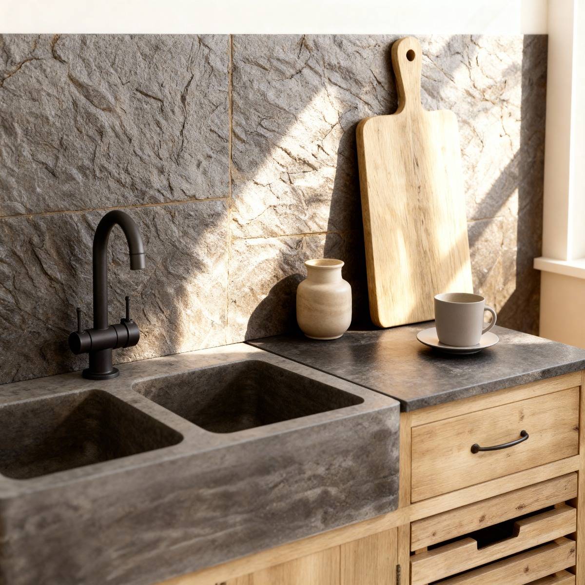 Meuble bas de cuisine en bois recyclé et pierre bleue Romain