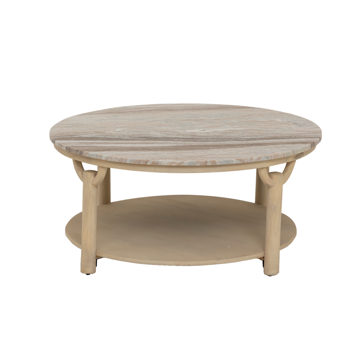 Table basse ronde en bois de manguier et marbre Isabella